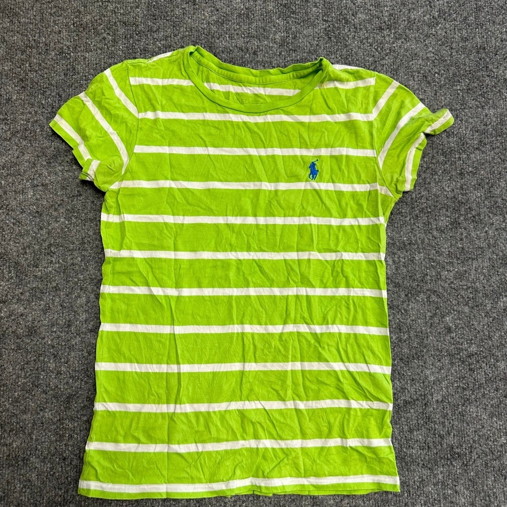 Polo Ralph Lauren T-Shirt Womens Size S Lime Green Striped Cotton Slim Fit Pony